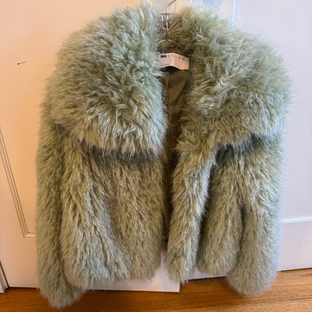 ASOS DESIGN cropped faux fur jacket in sage